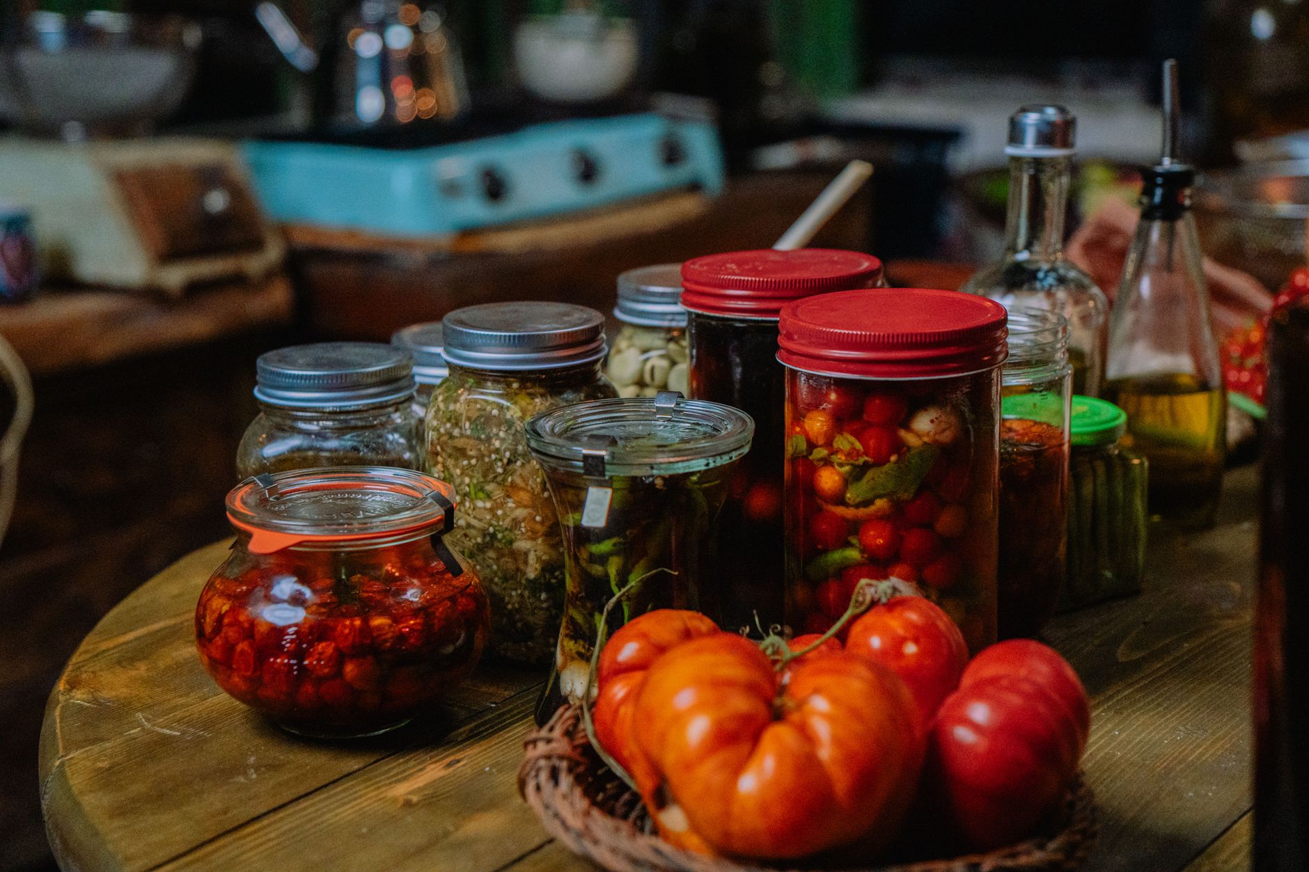 Glass jars of preserved vegetables