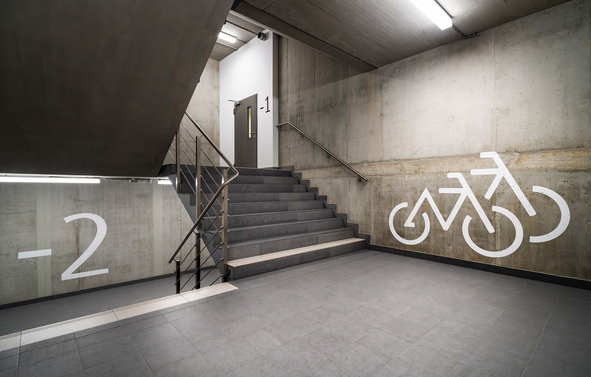 A stairwell in a concrete building