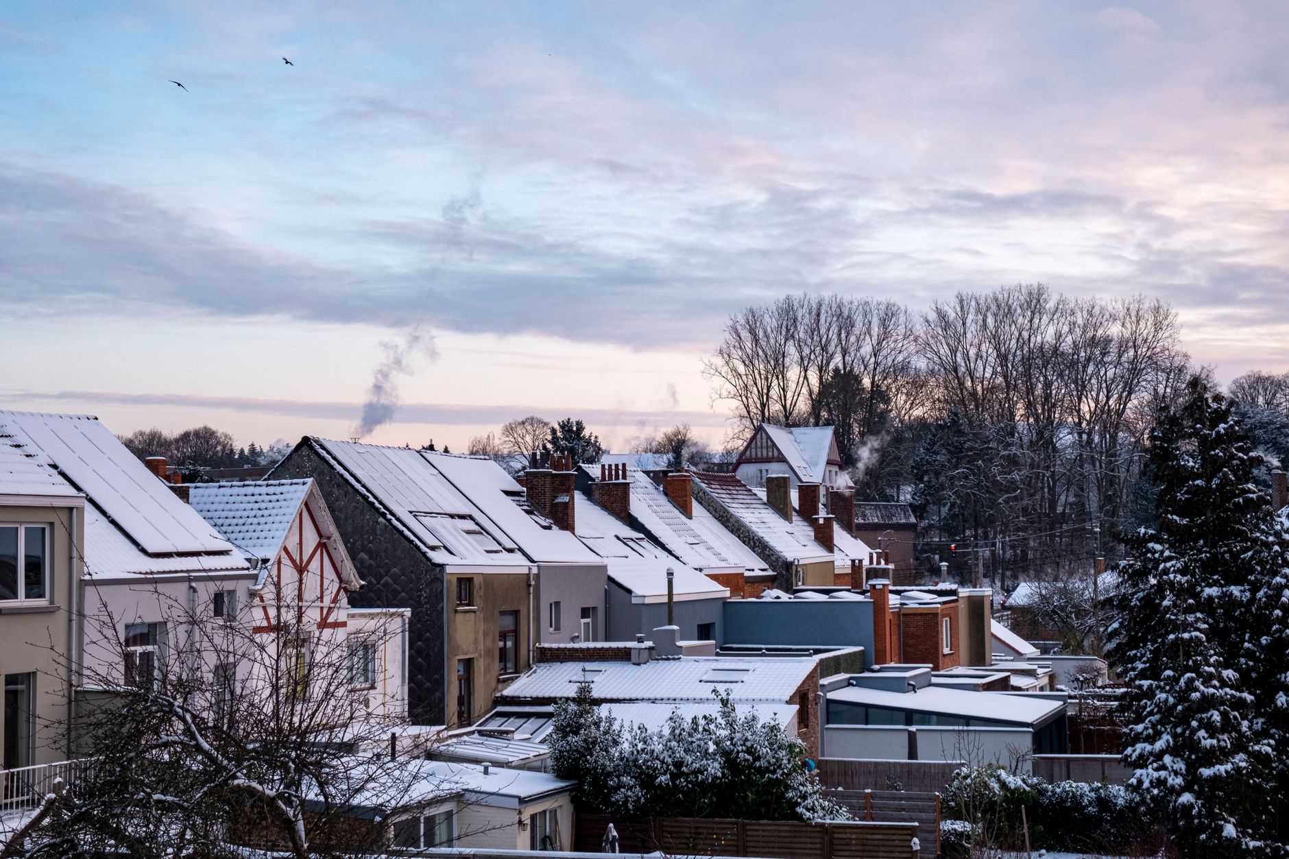 Snow on neighborhood rooftops at sunset