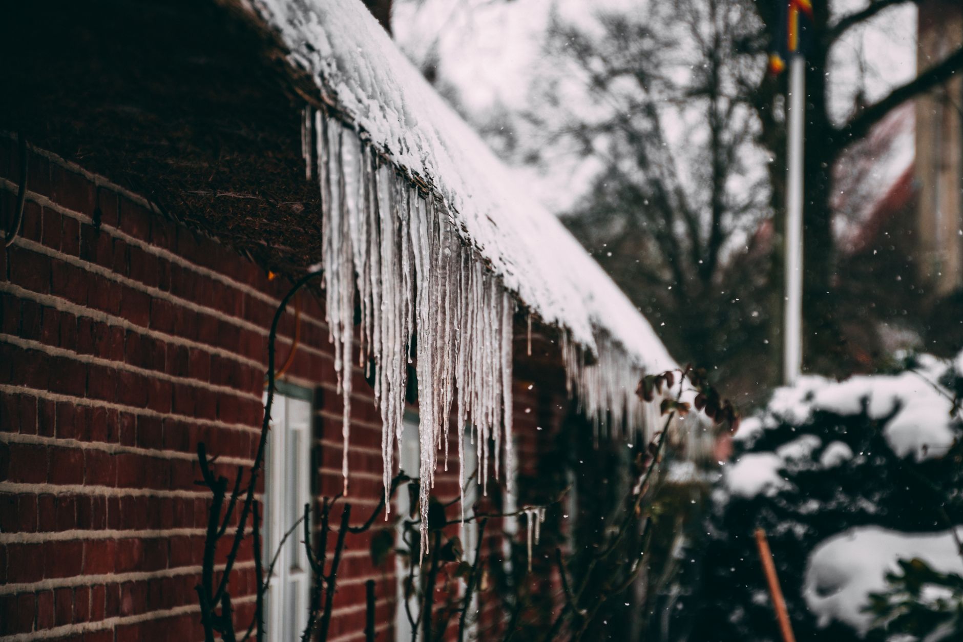 Long icicles hanging from a snowy roof edge on a brick house