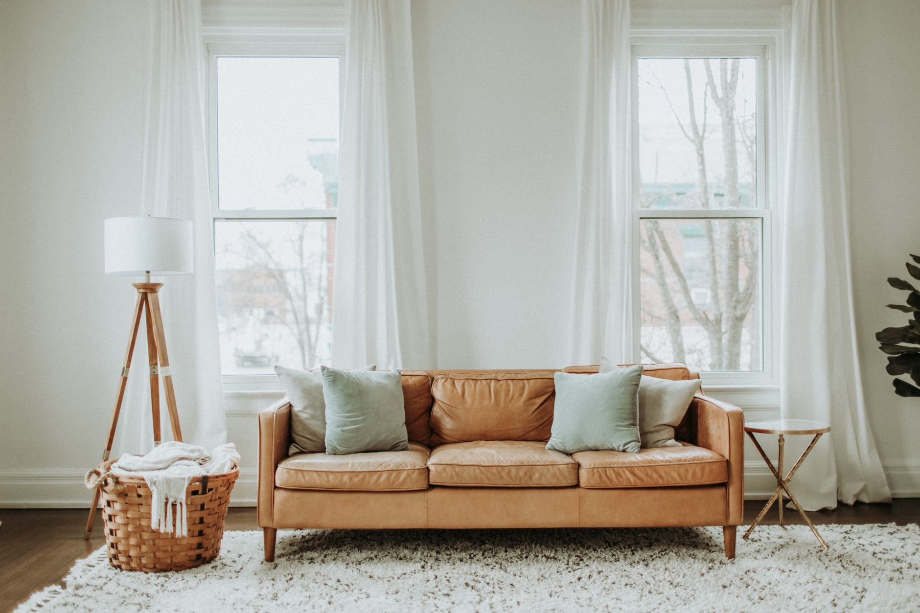 A sofa and coffee table arranged on an area rug