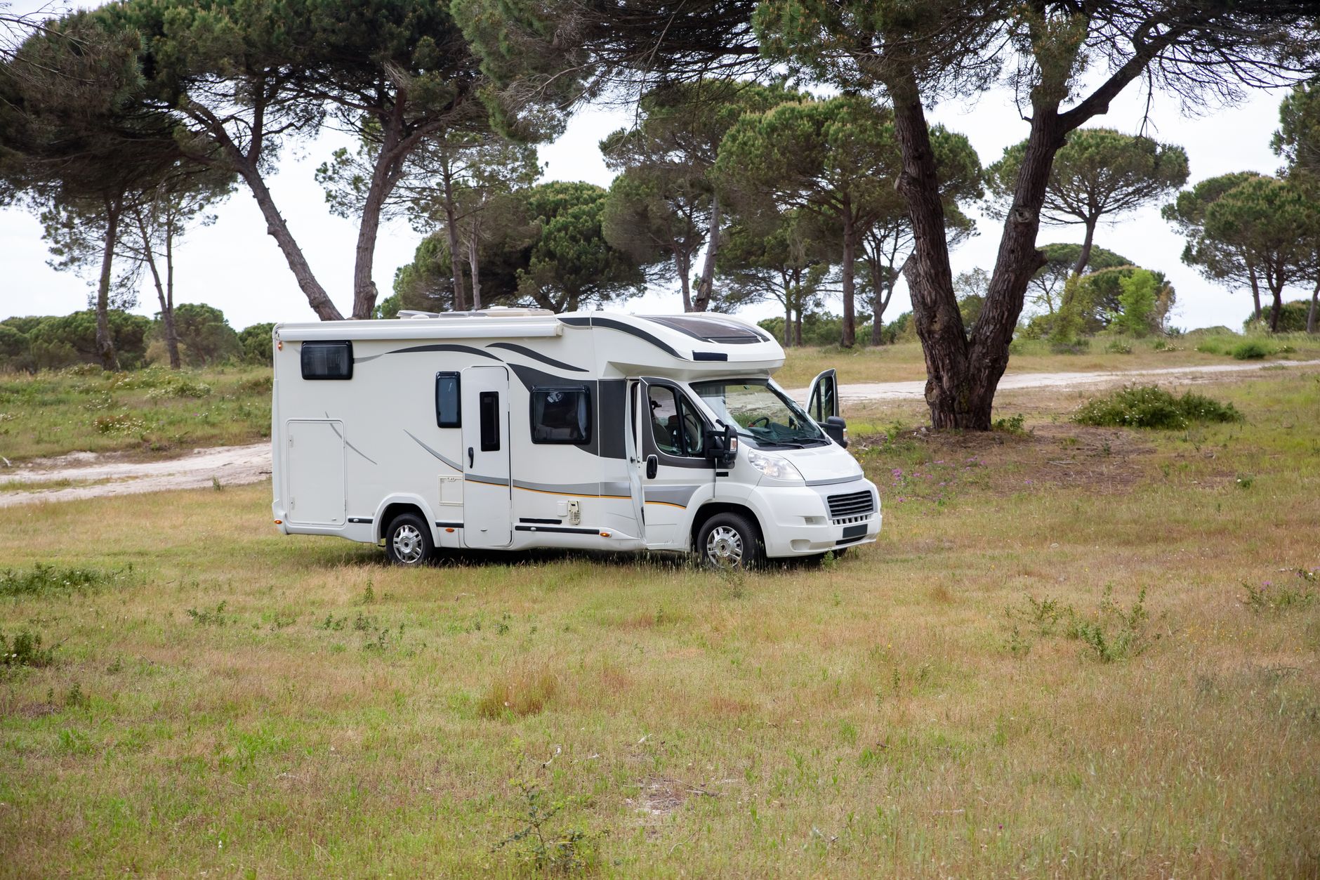 A motorhome parked in a grassy field