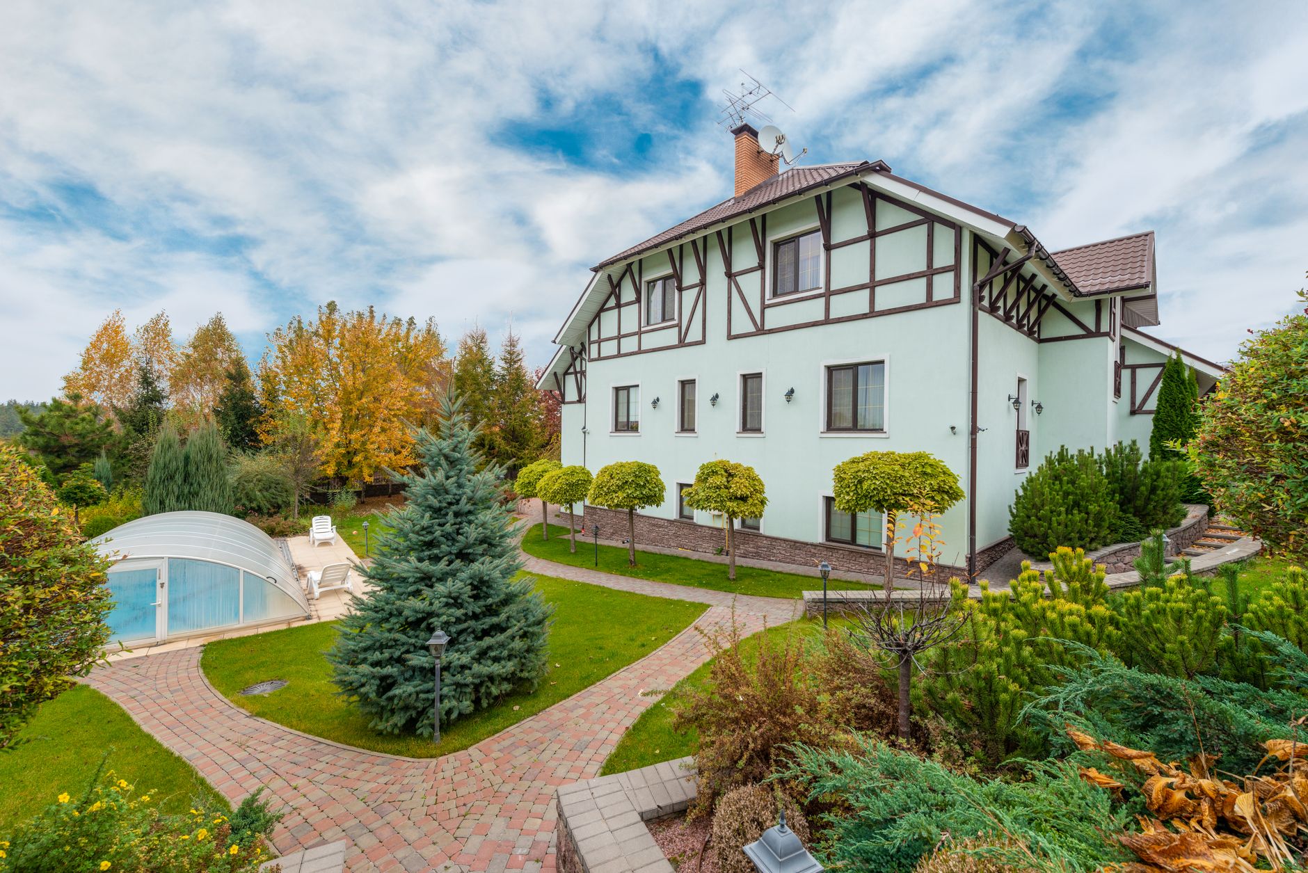 A house and landscaped yard