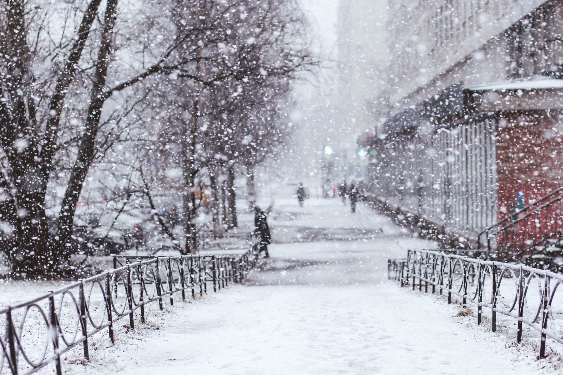 A snowy walkway lined with railings during snowfall