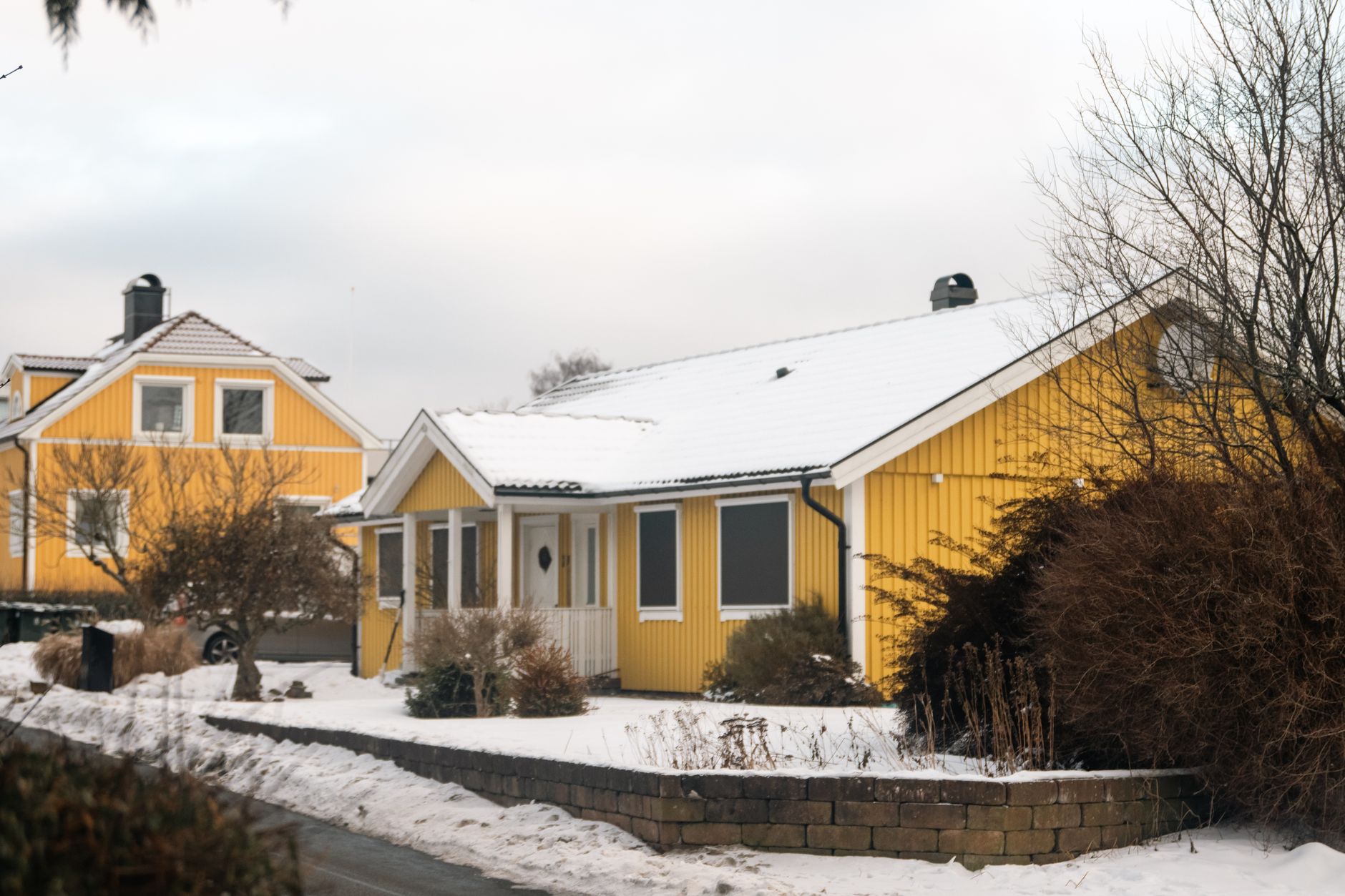 Houses with snow-covered roofs and yards