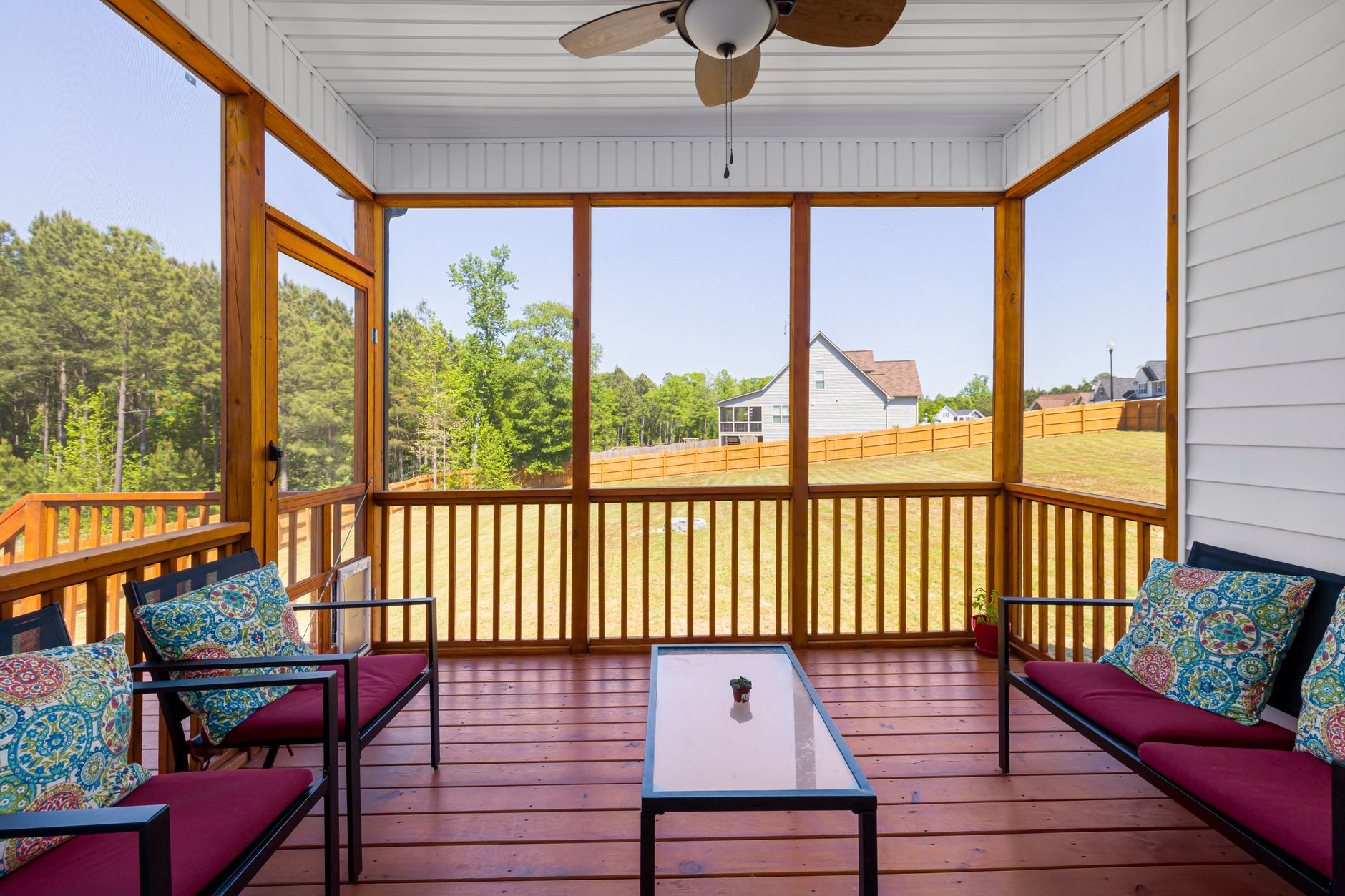 A screened porch on a summer day