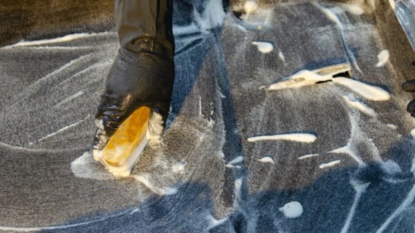 Best scrub brush: scrubbing a soapy rug with a brush