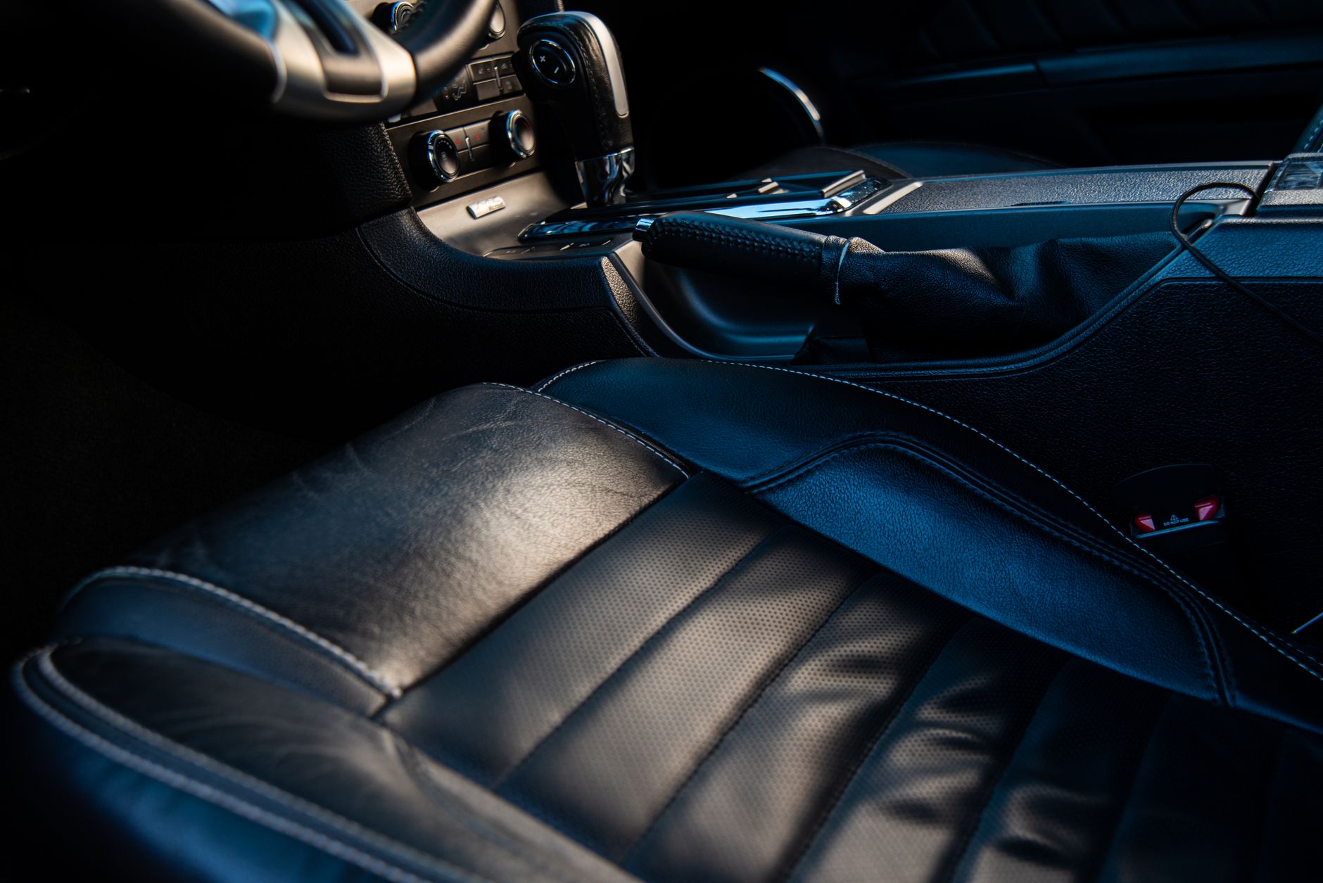 A leather car seat close up