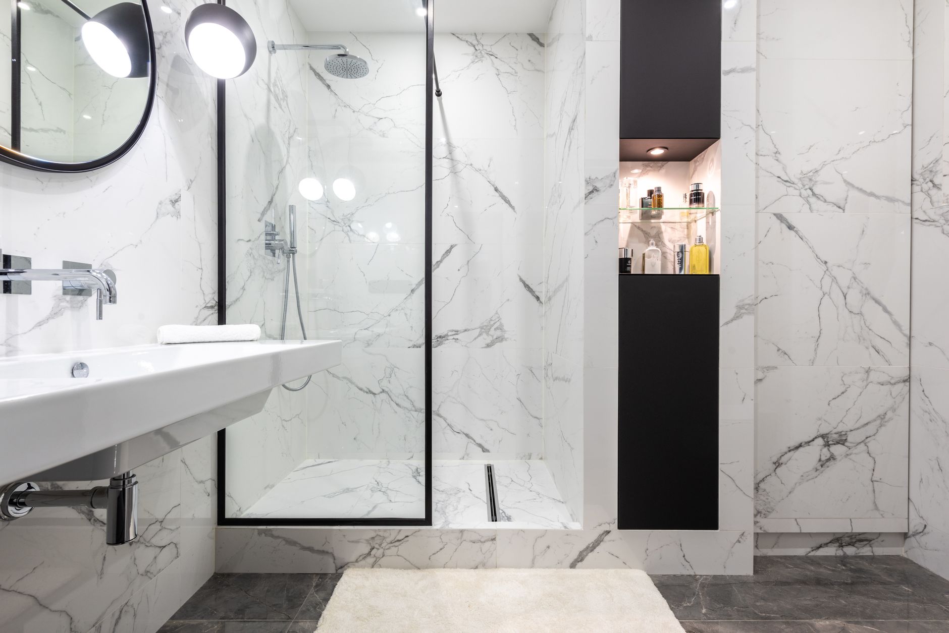 A modern bathroom with a walk-in shower