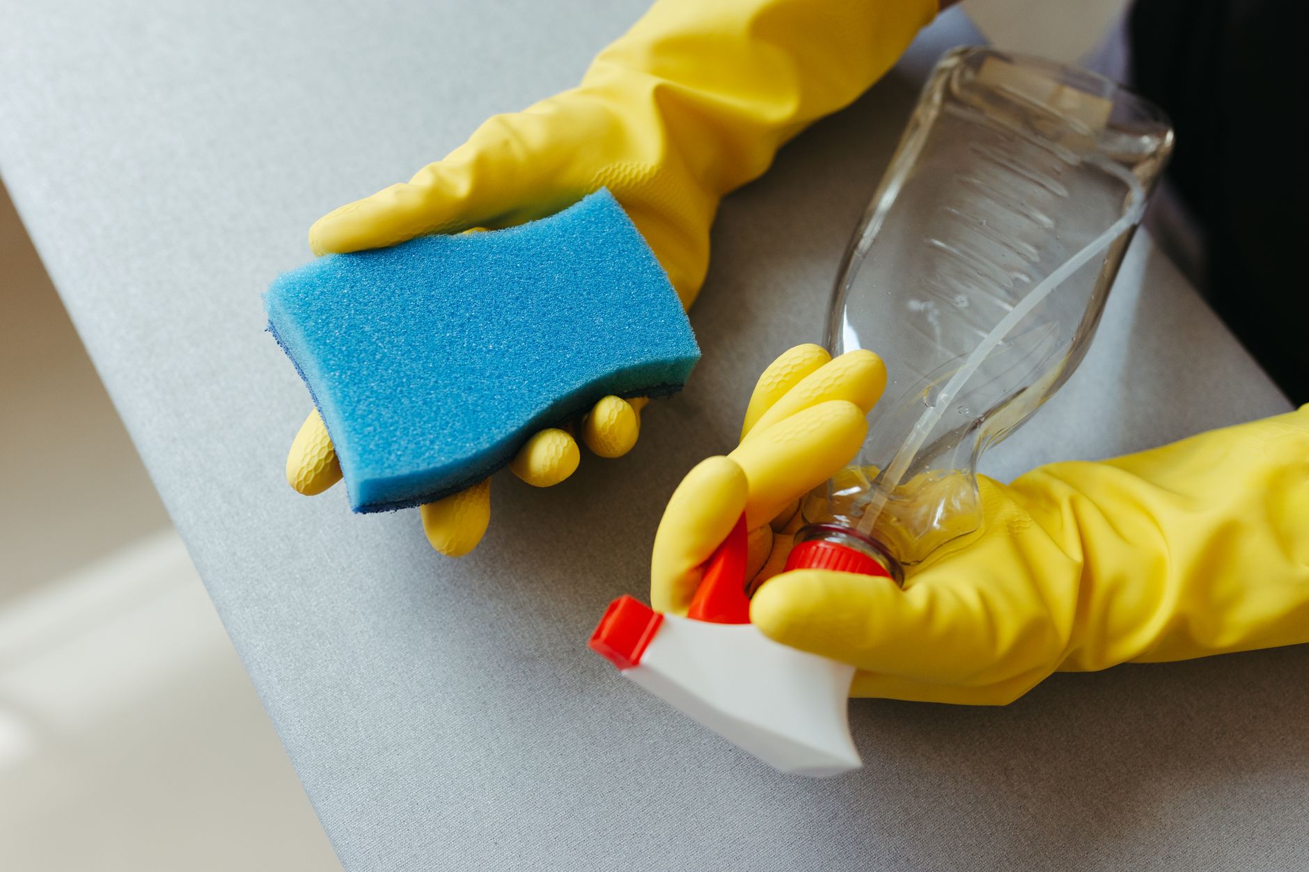 Gloved hands with a sponge and spray bottle