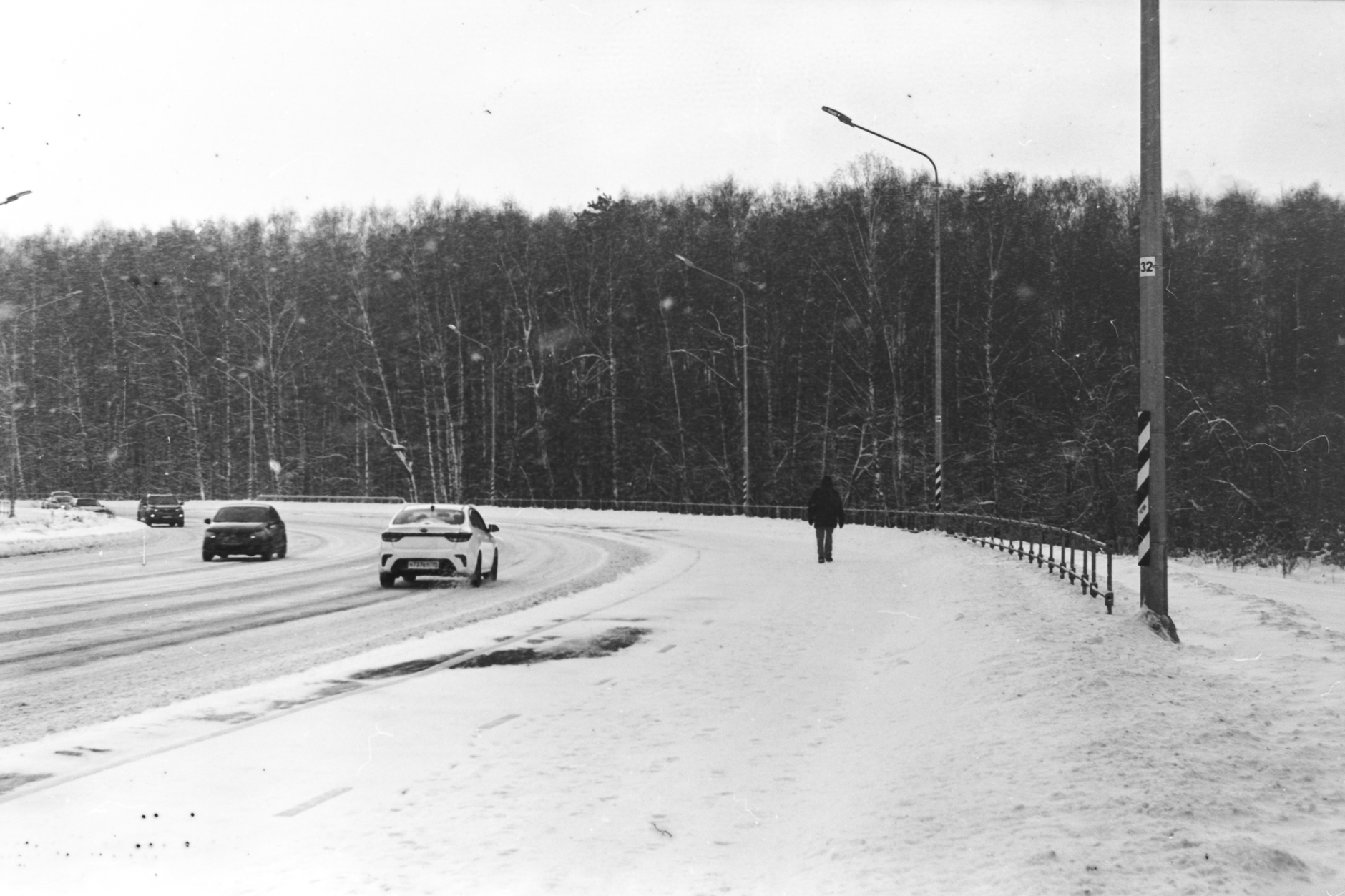 Cars on a snowy road beside a forest