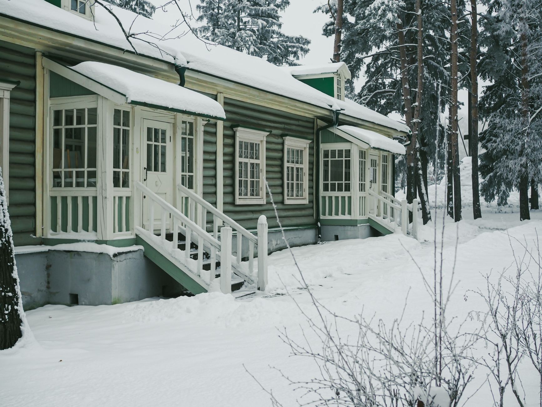 Snow-covered porch steps on a green house