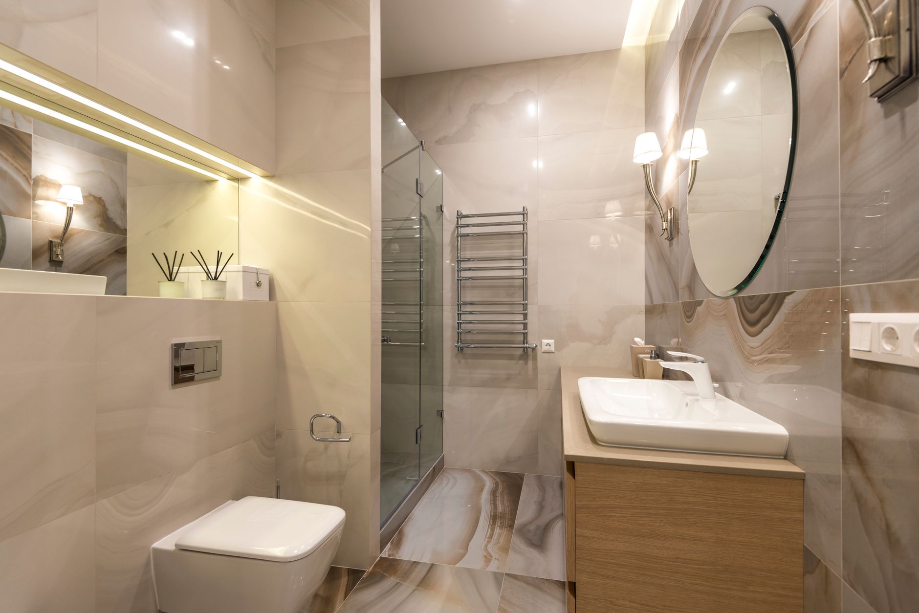 A modern bathroom with a glass shower