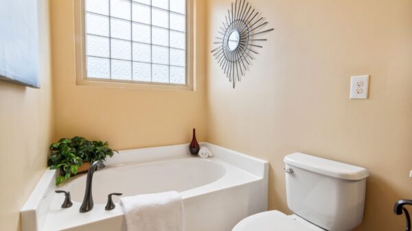 Best spin scrubber: a bathroom with a corner tub and glass block window