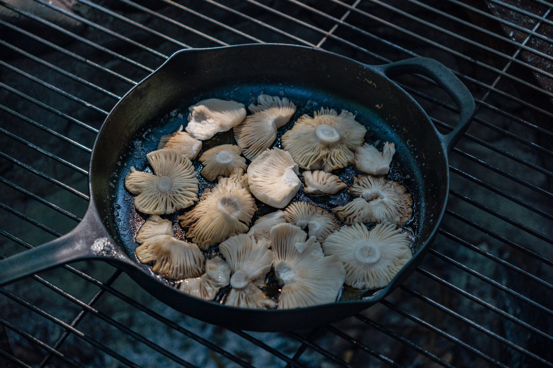 Mushrooms cooking in a cast iron skillet