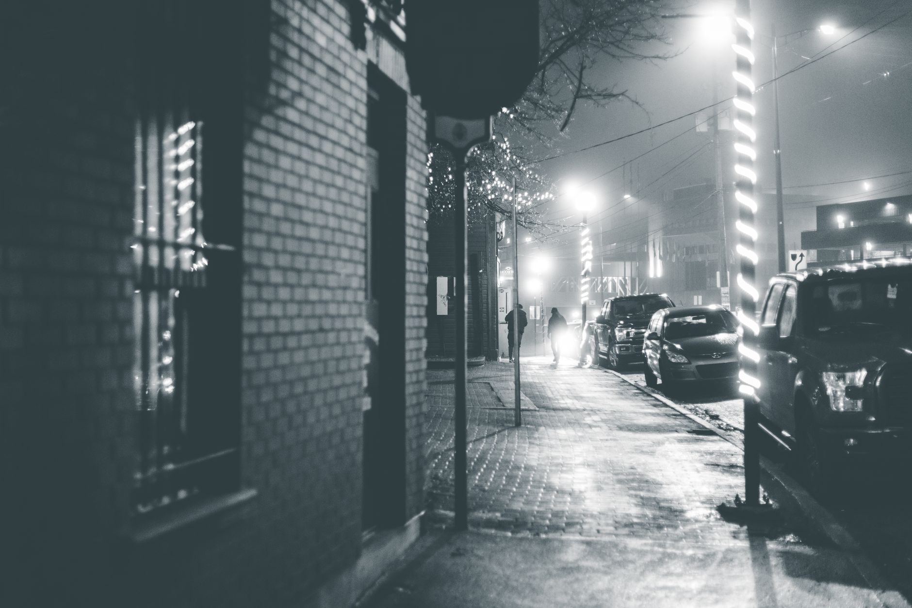 Cars parked along a city street at night