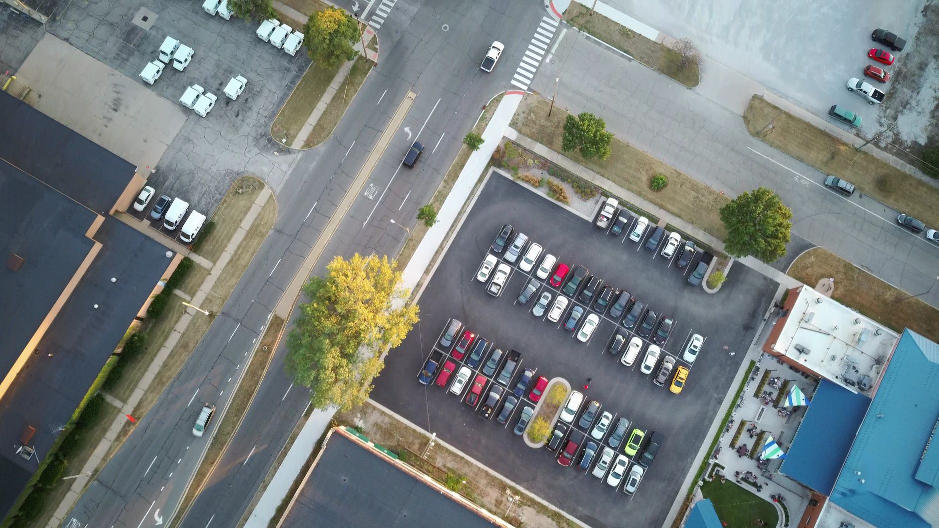 Aerial view of a busy parking lot