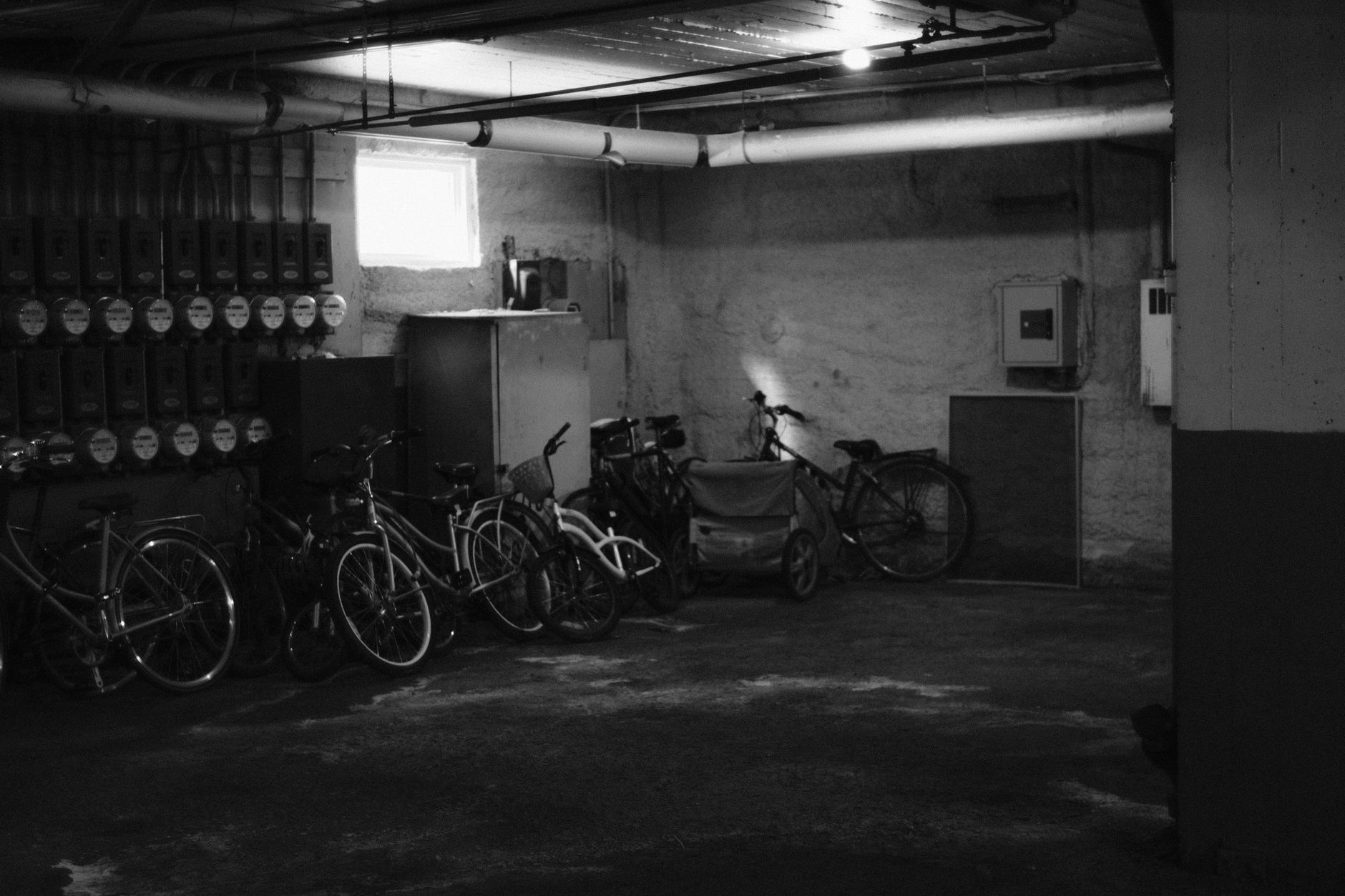 Bicycles stored in a basement
