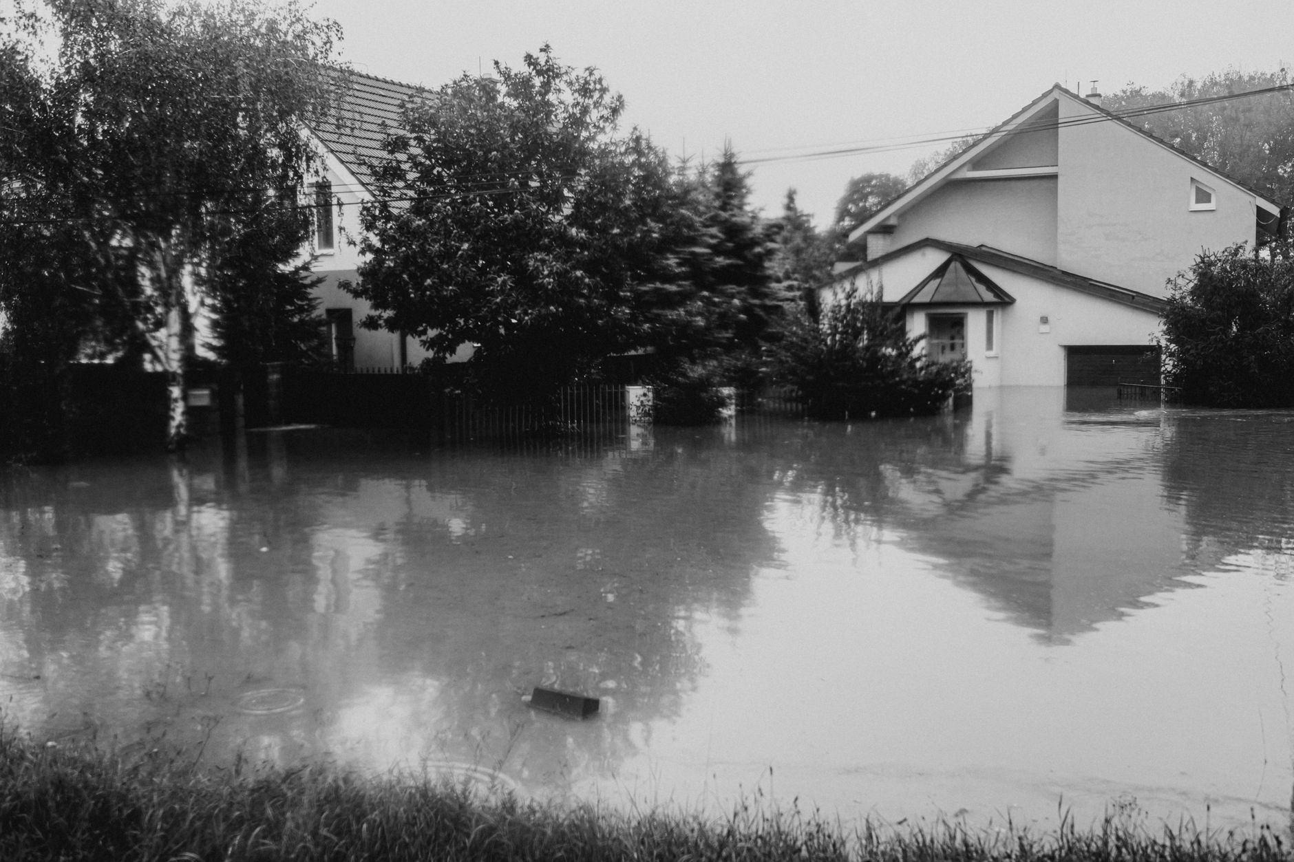 Floodwater around houses
