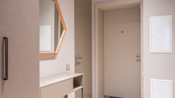 An apartment entryway with an interior door