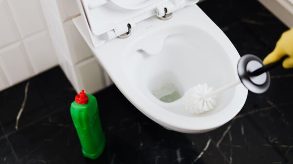 Scrubbing a toilet bowl with a brush