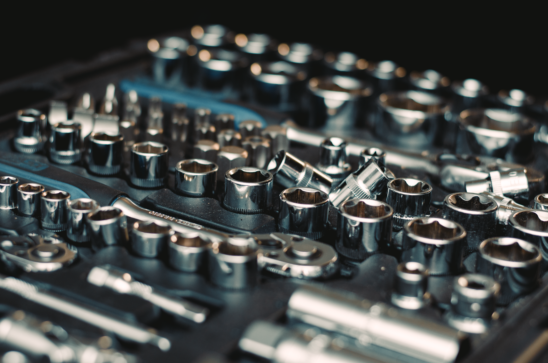 Rows of chrome sockets in a case