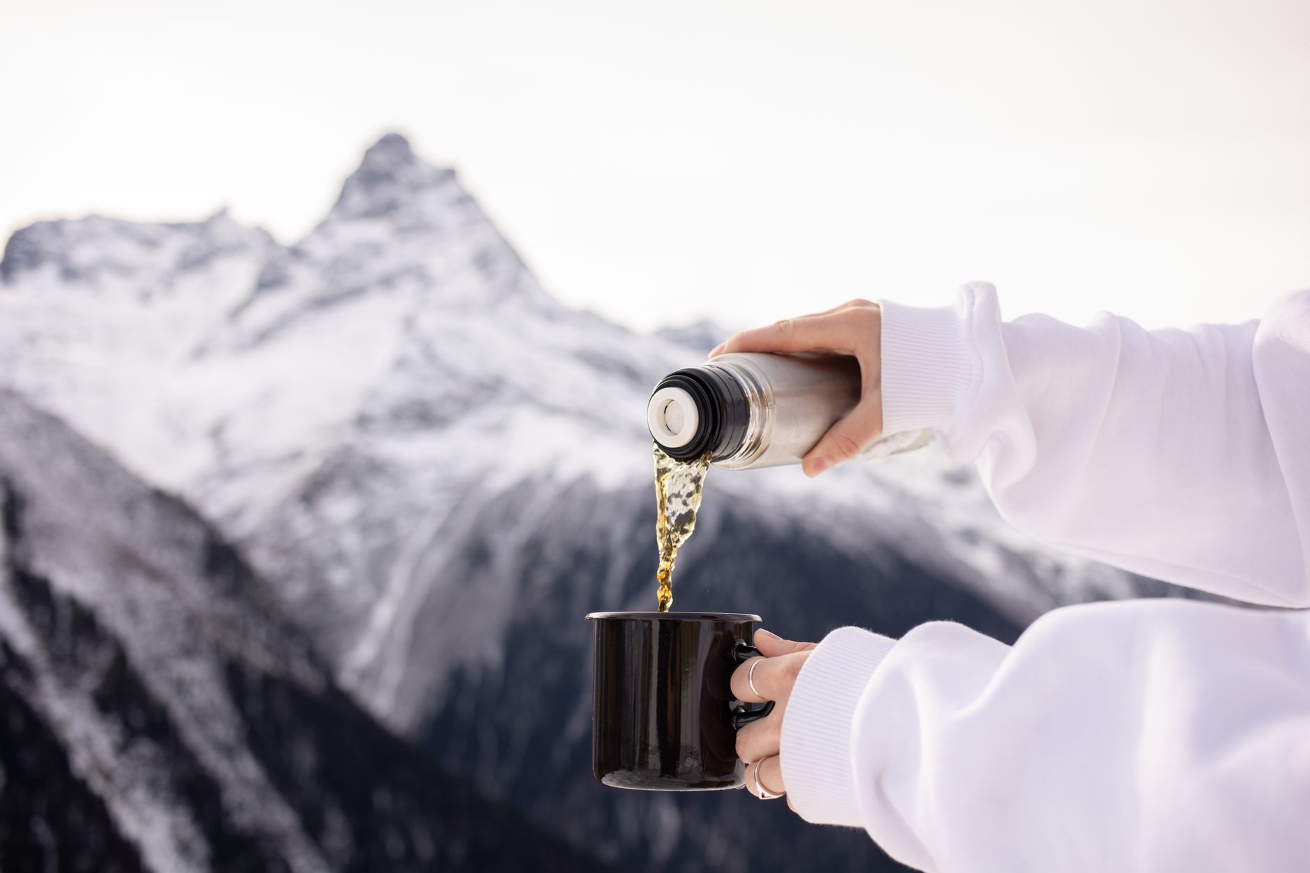 A stainless steel tumbler outdoors