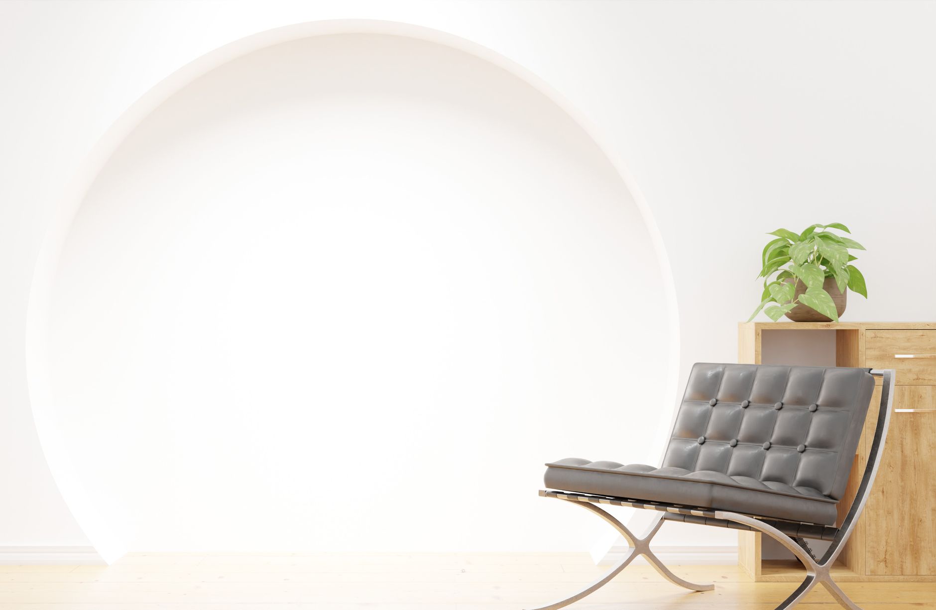 A minimalist living room with clean walls