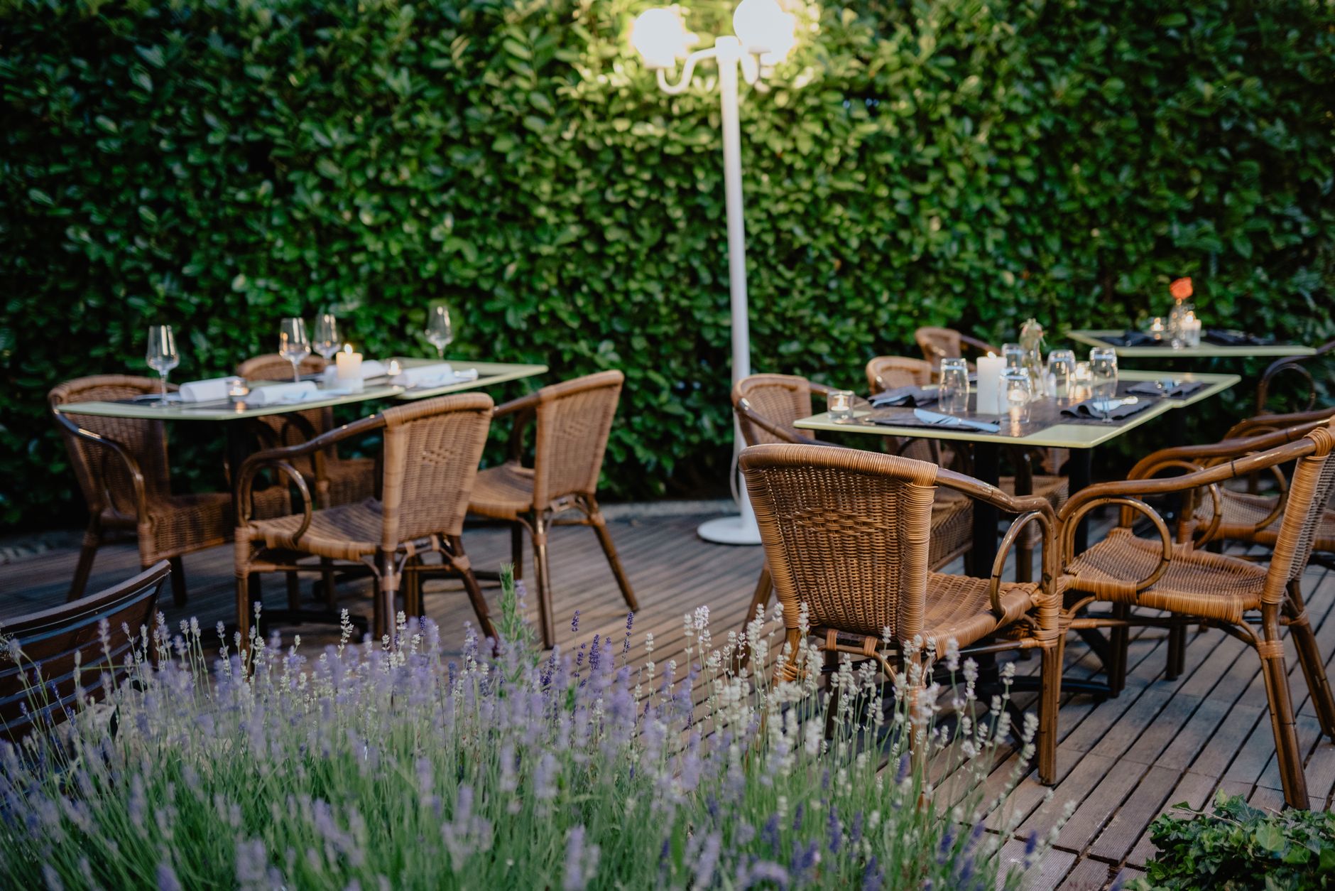 An outdoor dining area in a garden