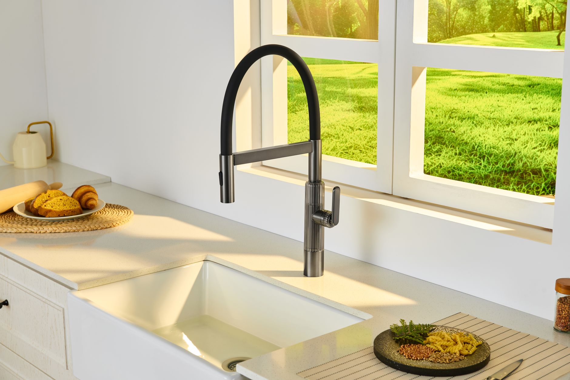 A farmhouse sink with a black faucet