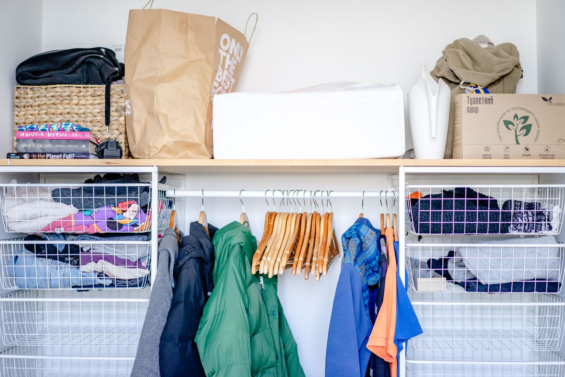 Best vacuum storage bags: a closet with wire shelves and bins