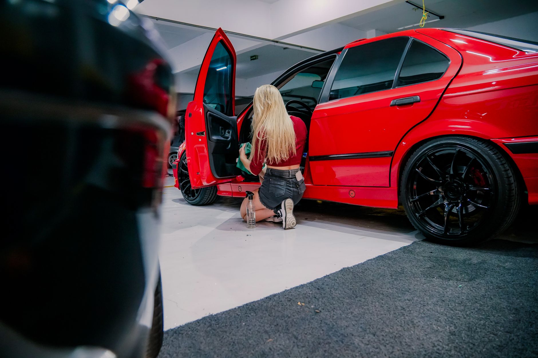 Detailing the interior of a red car