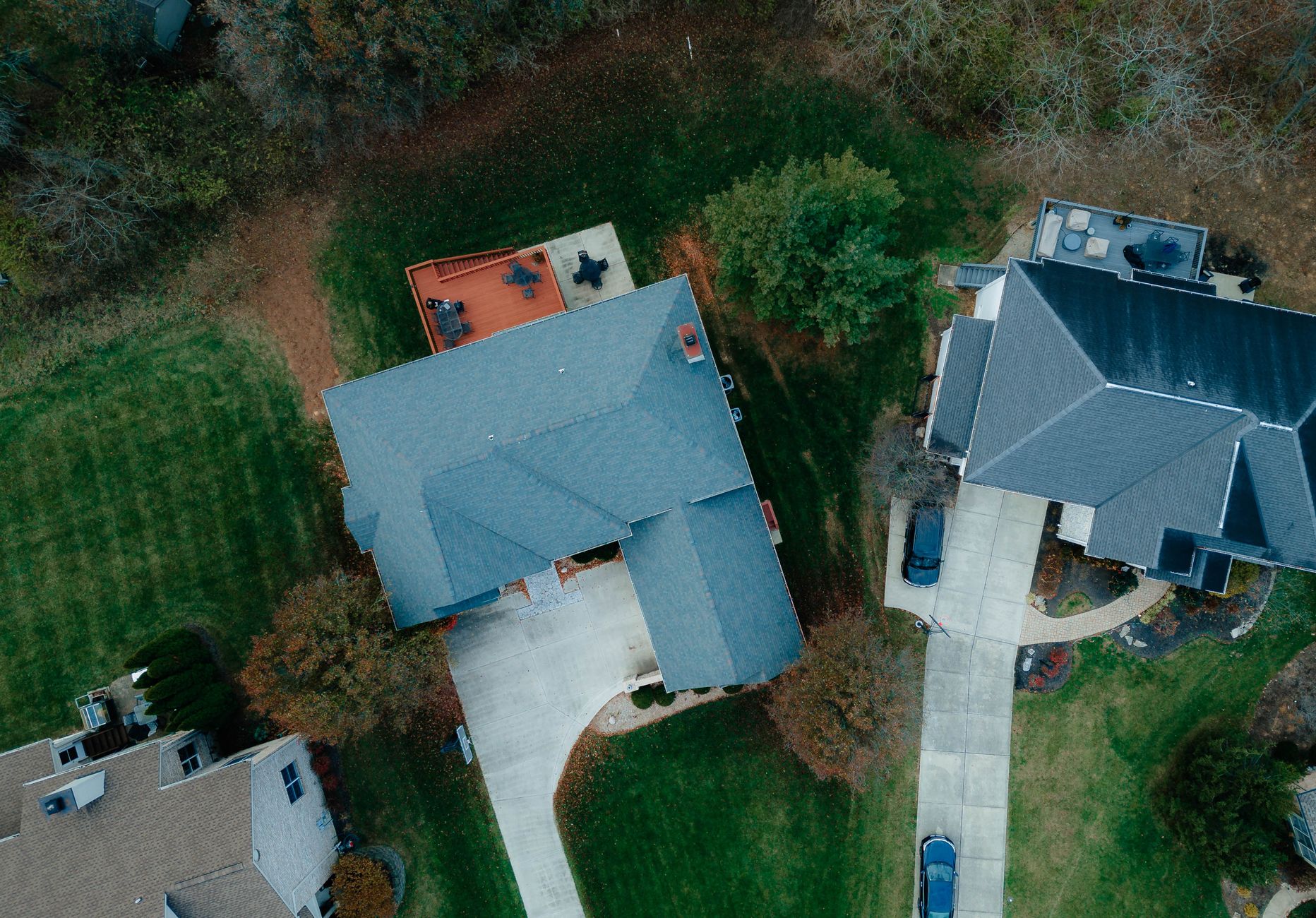 Aerial view of houses and yards