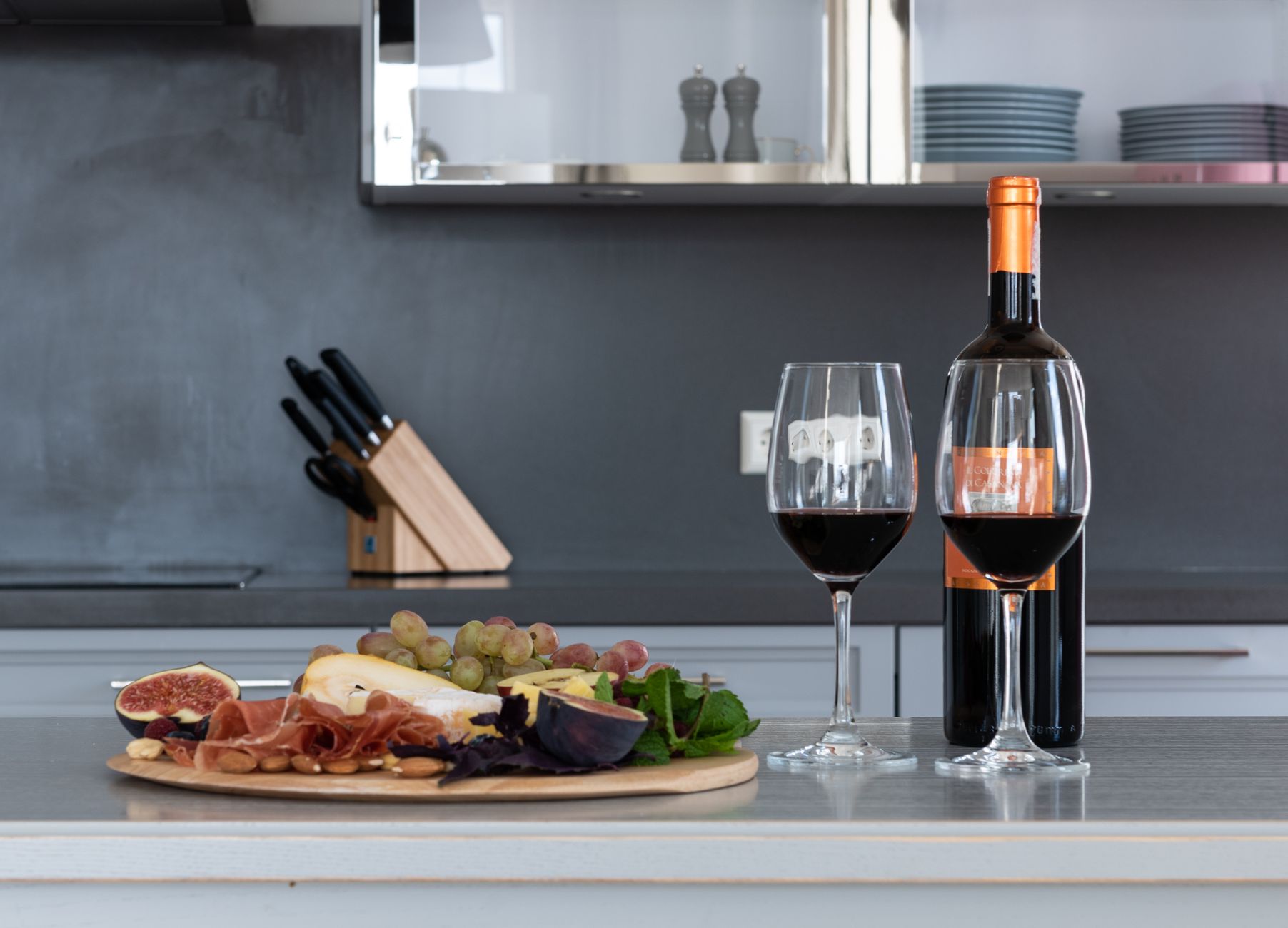 Wine served with a cheese board
