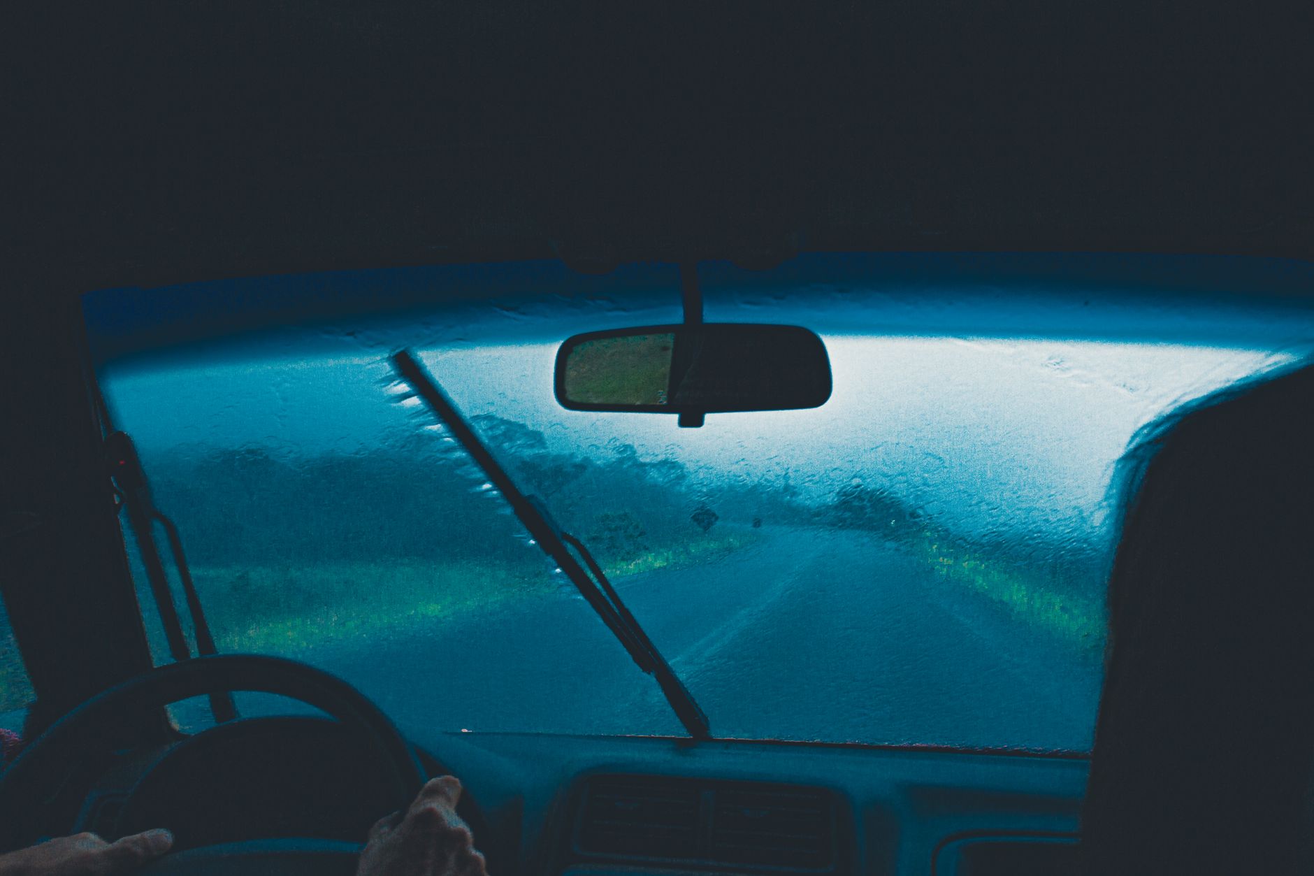 Driving on a wet road in the rain