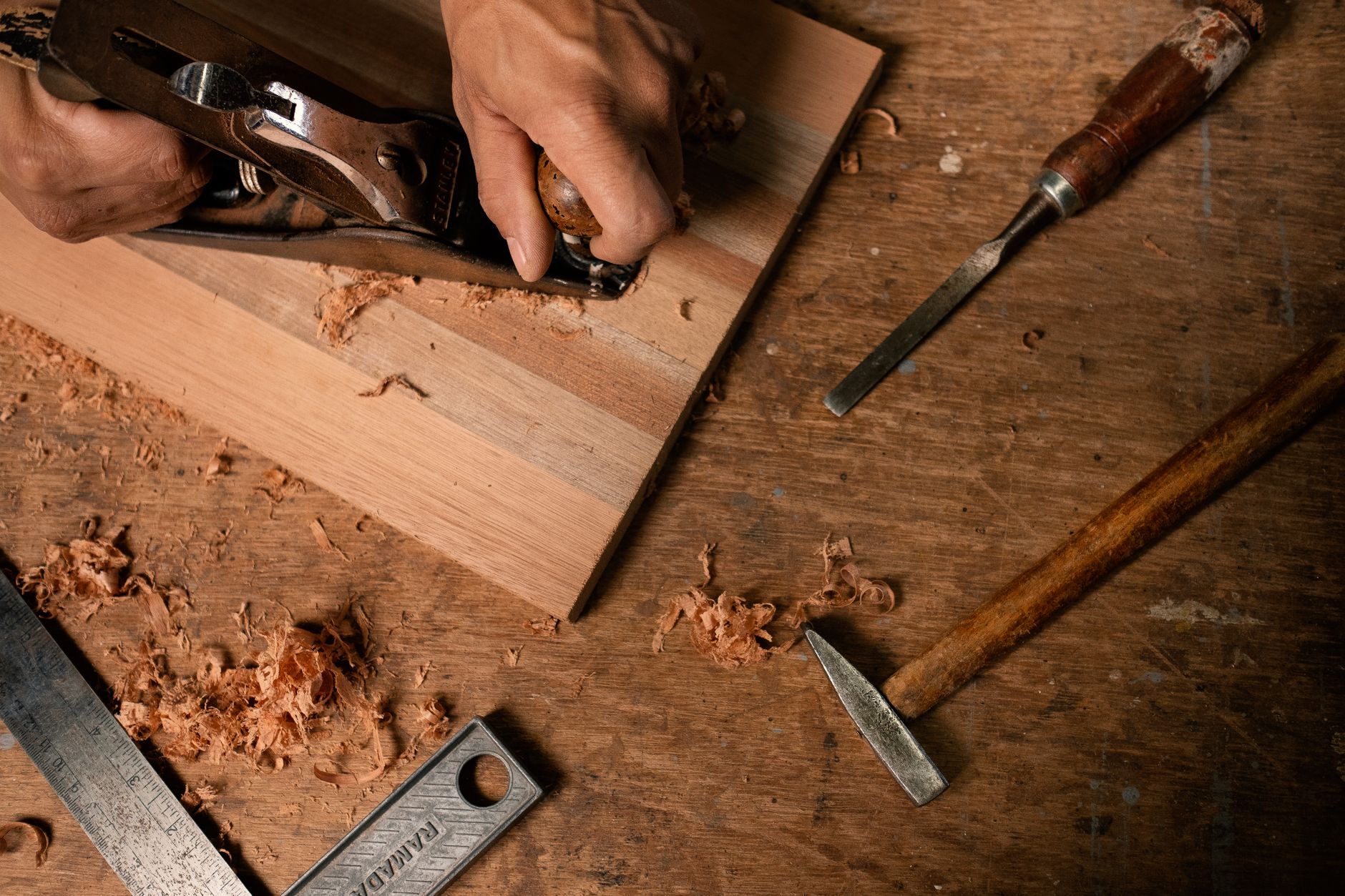 Tools and wood in a home workshop