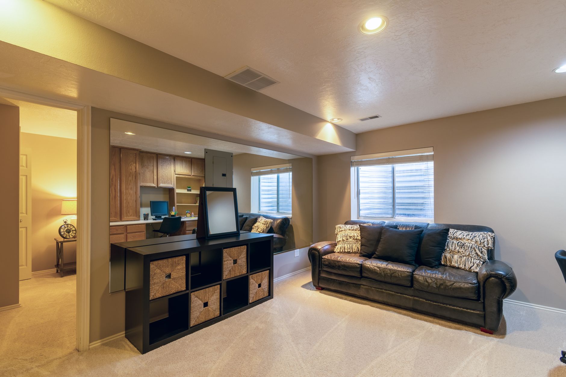 A finished basement living room