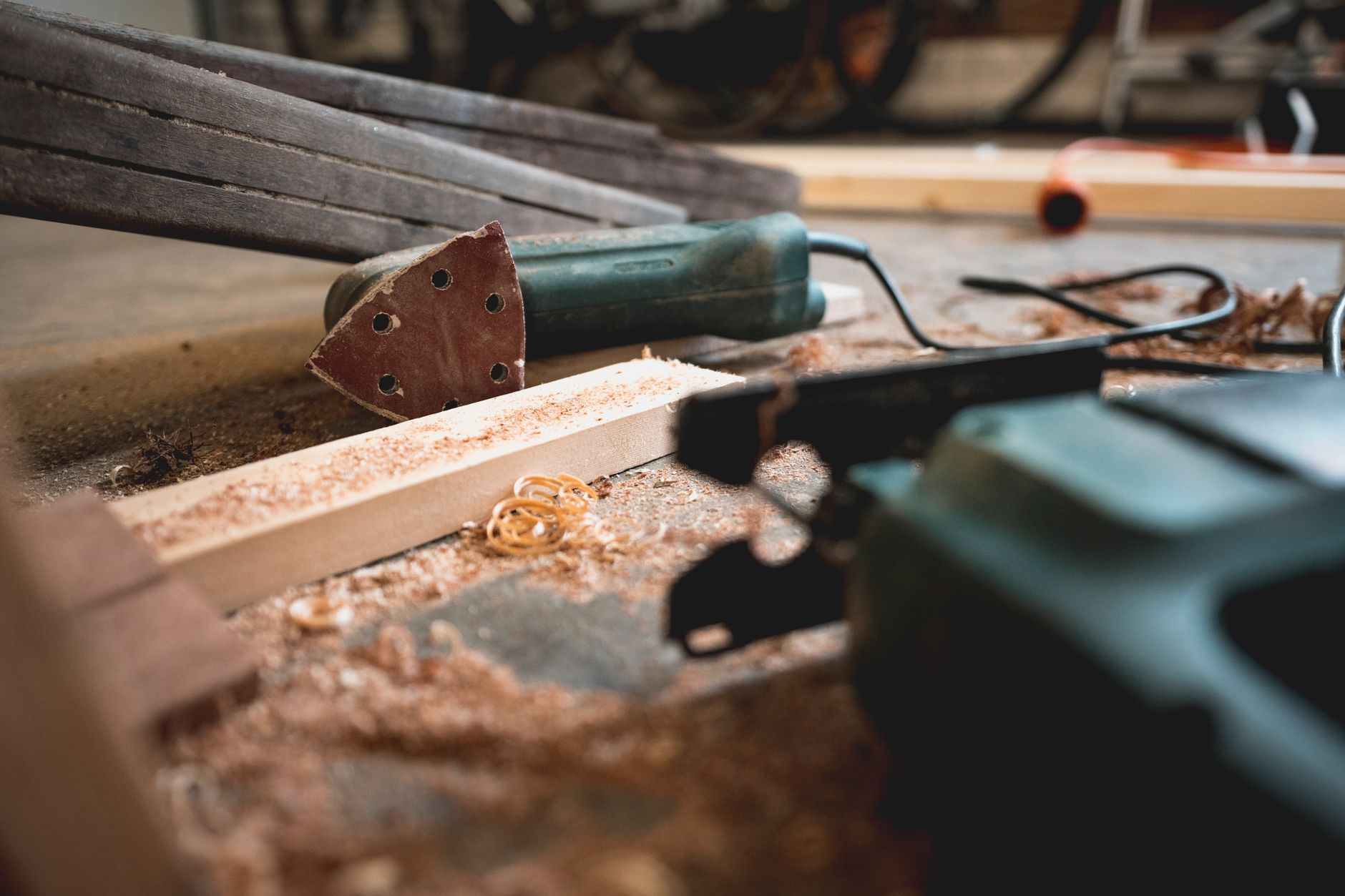A wooden work bench in a home workshop