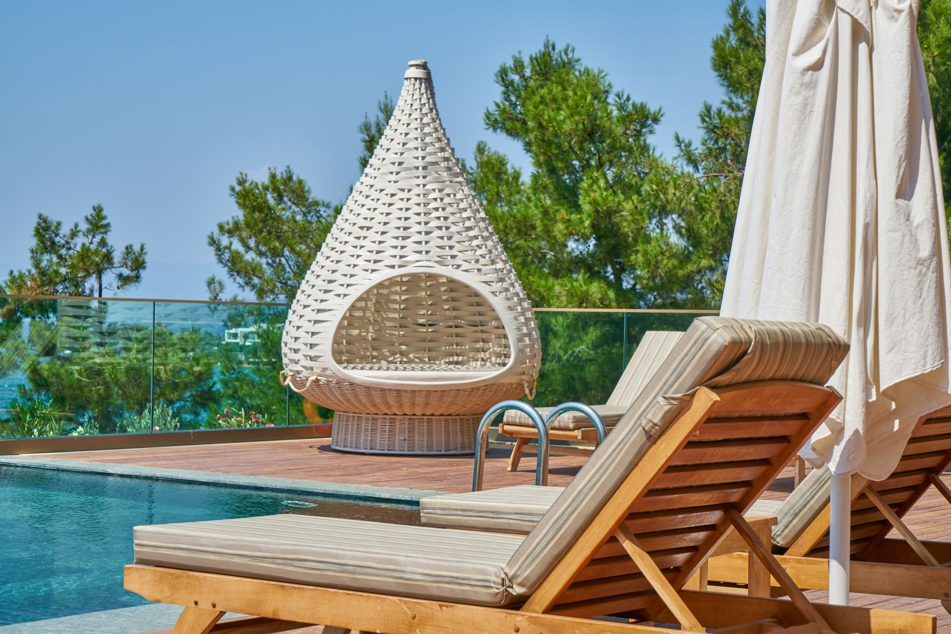 Lounge chairs set out on a patio
